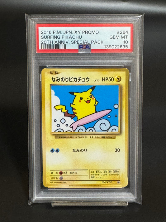 PSA 10 Surfing Pikachu 264/XY-P 20th Anniversary Promo Japanese Pokemon Card